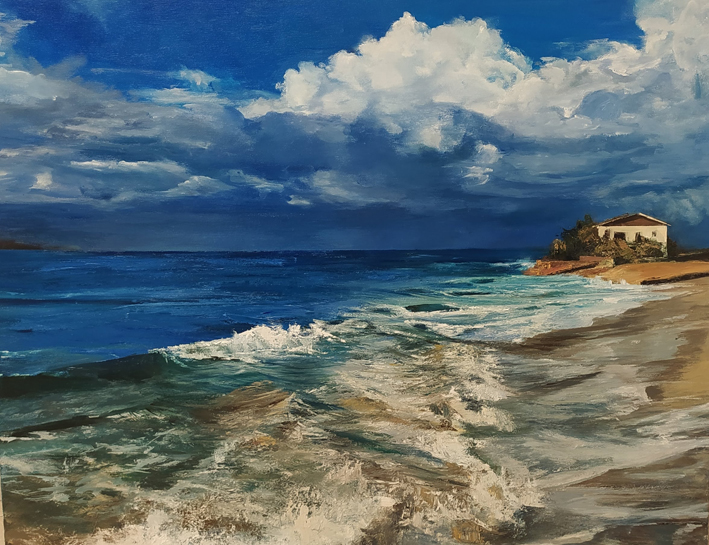 playa con nubes de tormenta. Óleo sobre lienzo obra de Maria Davalillo. Estudio de Arte José LUis Birigay