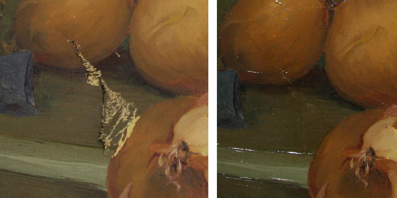 Proceso de sutura y reintegración cromática en un bodegón al óleo de Gerardo Cuadra con un desgarro en escuadra