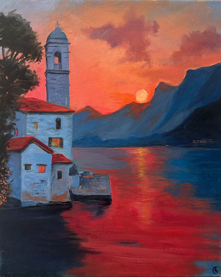 Paisaje en rojos pintado por Lola Martínez Somalo en la Academia Birigay. Óleo sobre lienzo