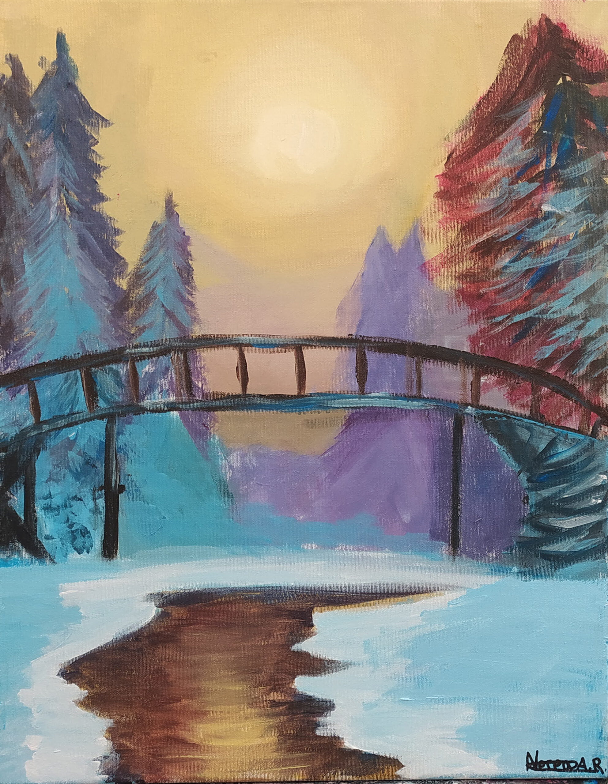 puente sobre río con nieve. acrílico lienzo. academia birigay