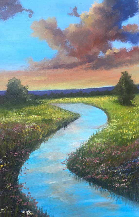 Paisaje con río pintado por Ainhoa Rodríguez en el Estudio de Arte José Luis Birigay