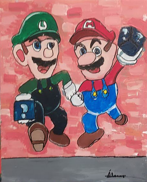 Mario Bros pintado en acrílico en la academia Birigay