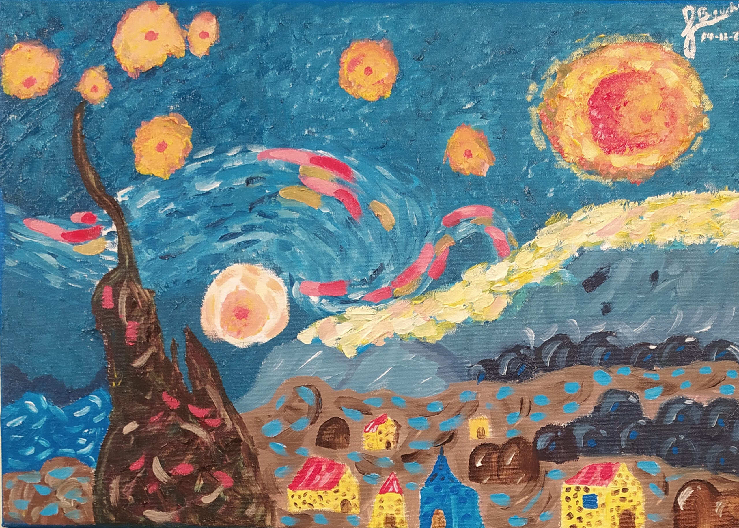 interpretación de Van Gogh con óleo al agua Cobra. Academia Birigay